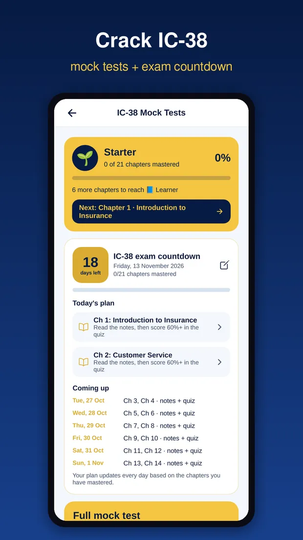 IC-38 mock tests screen with exam countdown