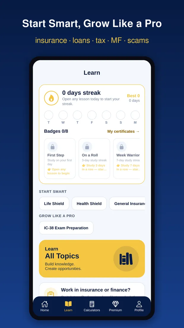 Learn screen with Start Smart and Grow Like a Pro paths, badges and certificates