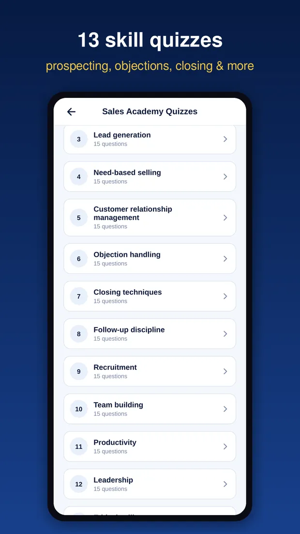 13 skill quizzes — prospecting, objection handling, closing and more