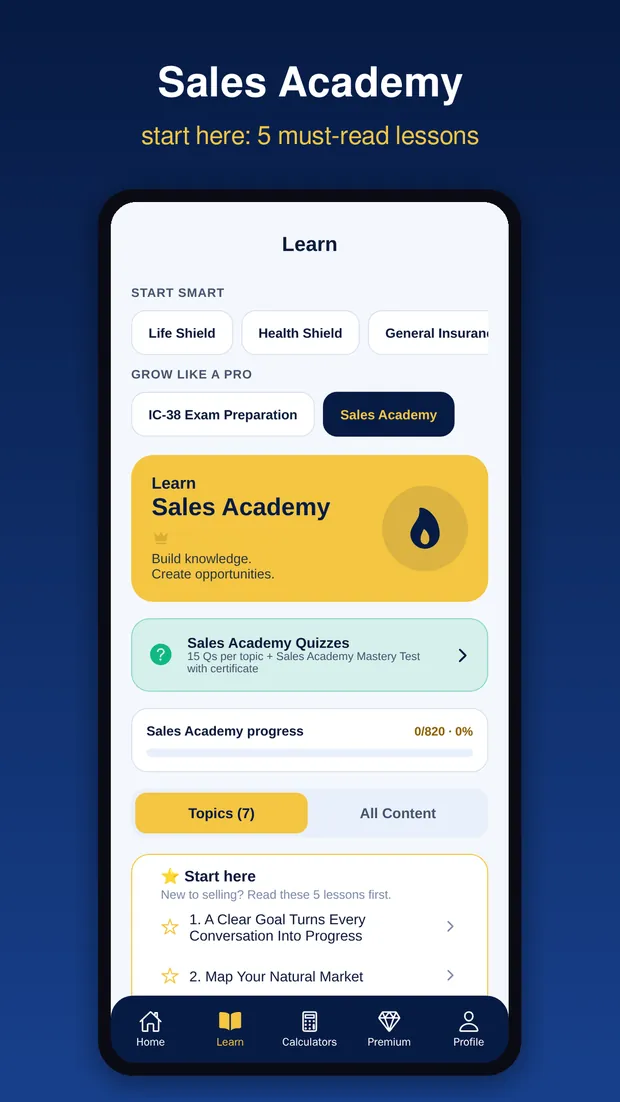 Sales Academy screen with start-here lessons for new advisors